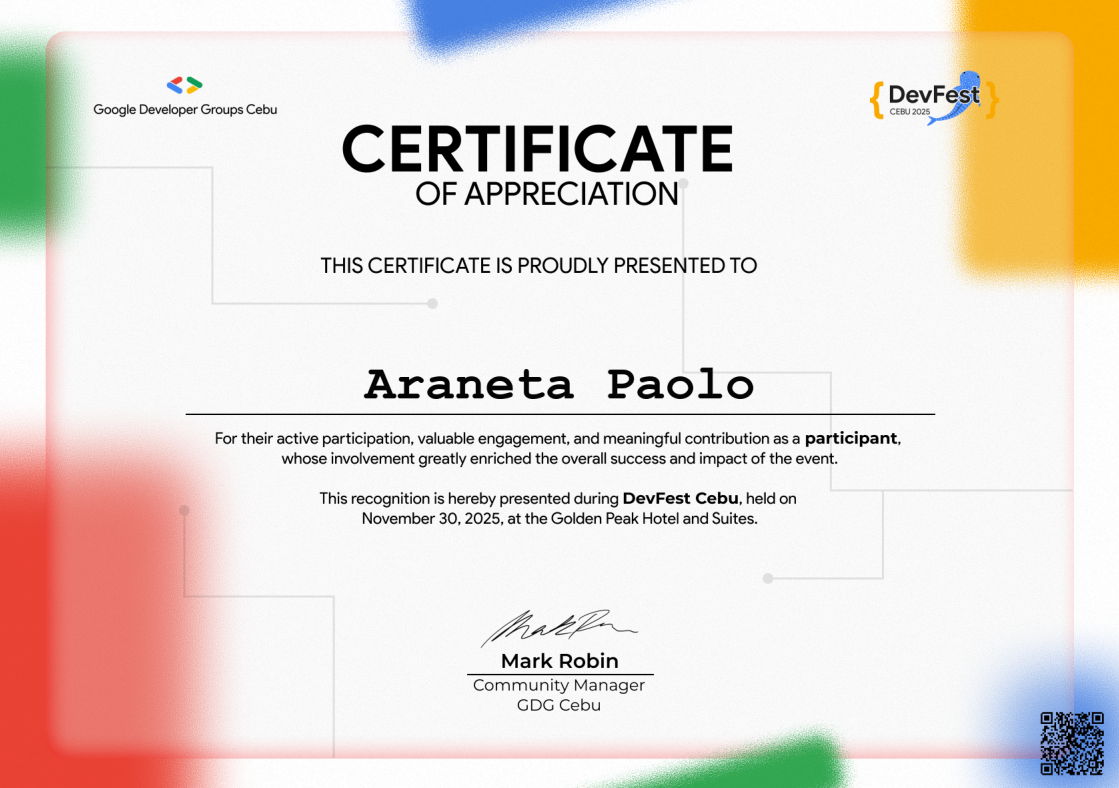 DevFest Cebu 2025 certificate preview